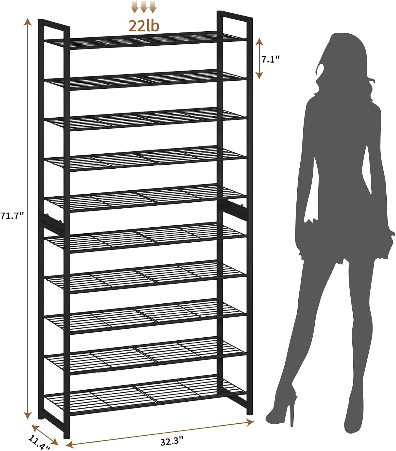 Stackable Shoe Rack for Closet, 8 Tier Metal Heavy Duty Shoe Storage Organizer,Large Capacity Shoe Shelf Max Holds 38 Pairs of Shoes,Sturdy and Stable, for Closet, Entryway,Garage，Black