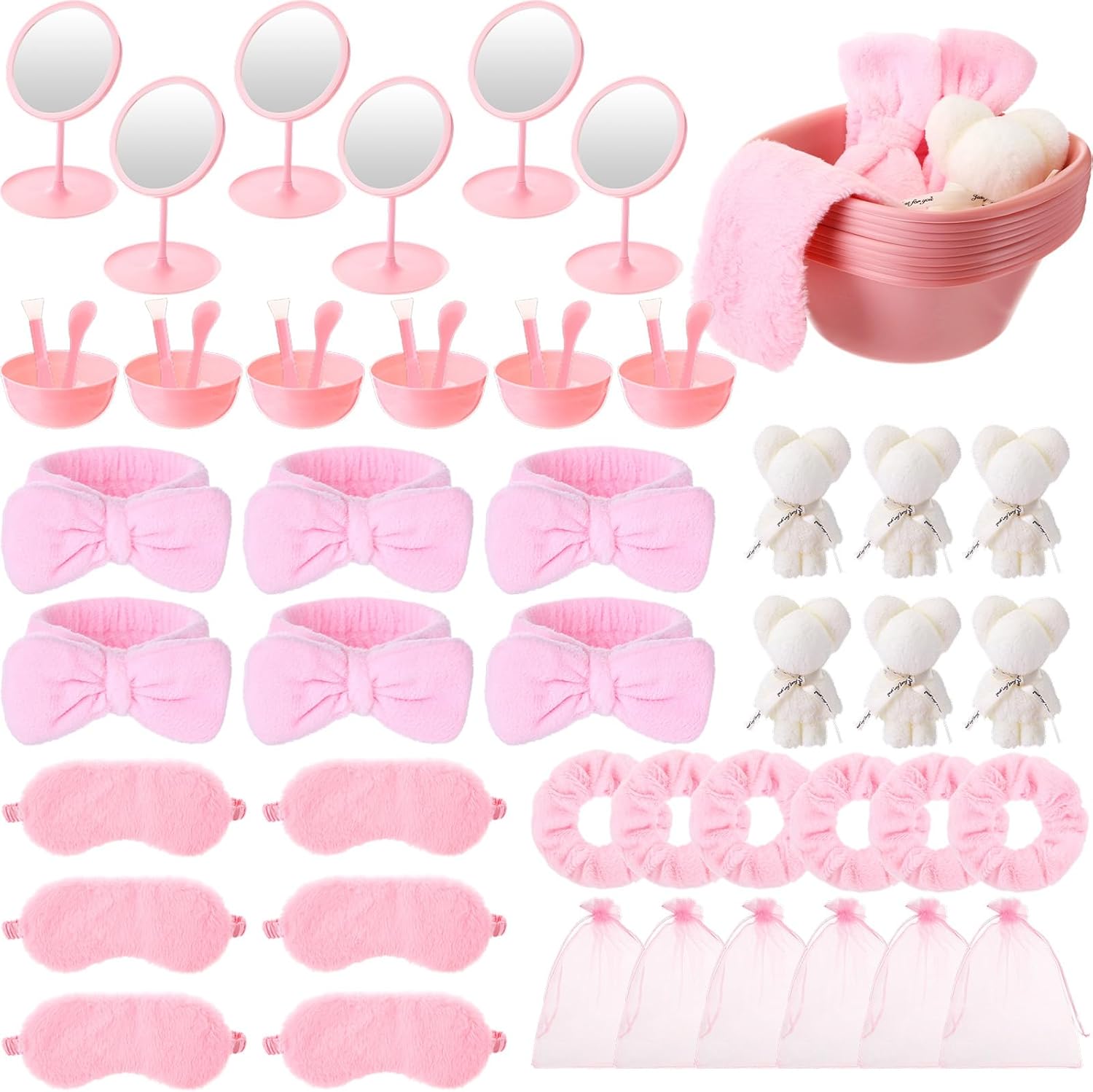 Honeydak 96 Pcs 12 Set Spa Party Favors for Girls Women Pink Sleepover Party Supplies Bulk Face Mask Bowl Set Mirror Headband Scrunchies Face Wash Cloths Basin Eye Mask for Wedding Bridal Shower Spa