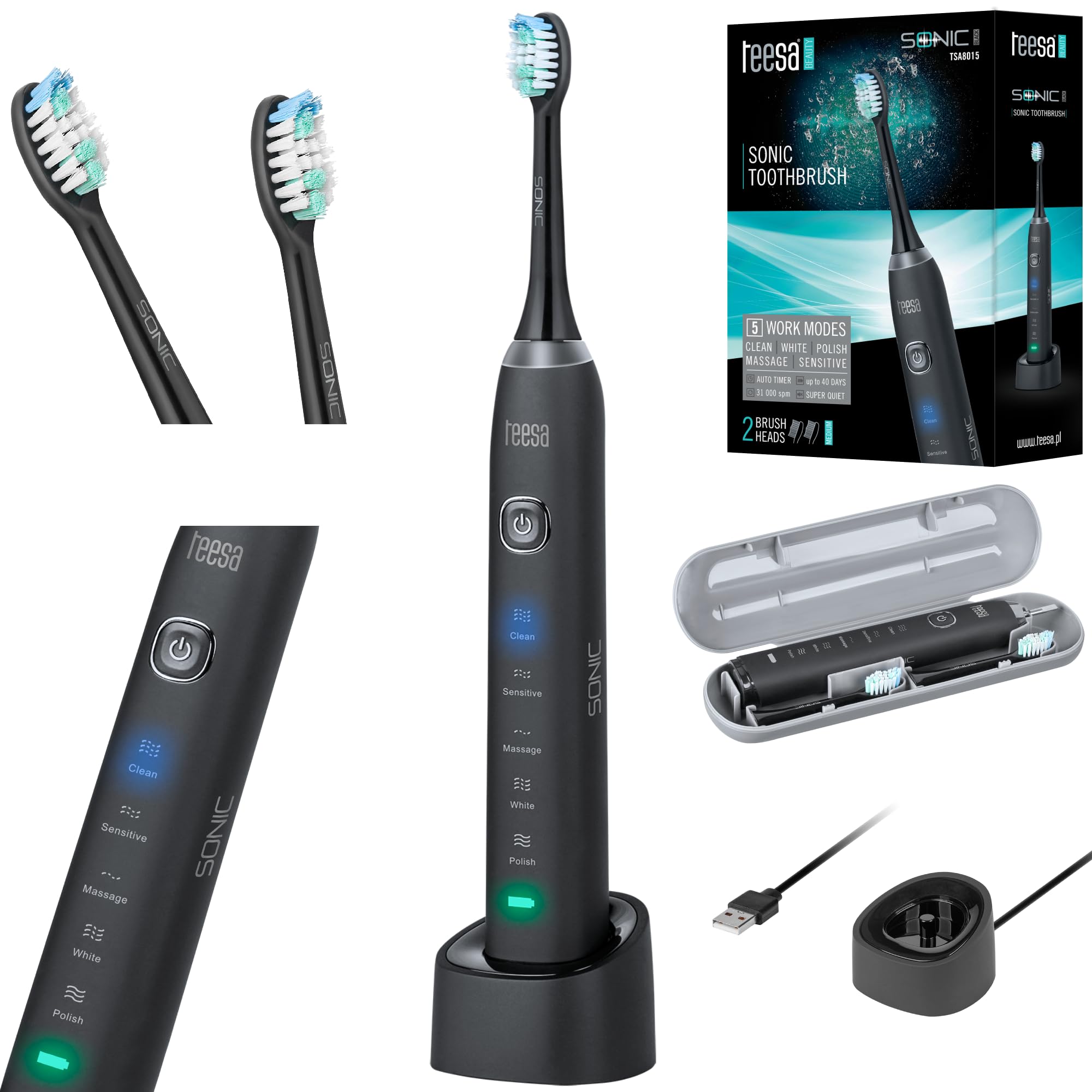 Teesa Sonic Black TSA8015 Electric Toothbrush in black, standing on its charging base. The power button and five cleaning mode indicators (Clean, Sensitive, Massage, White, Polish) are visible.