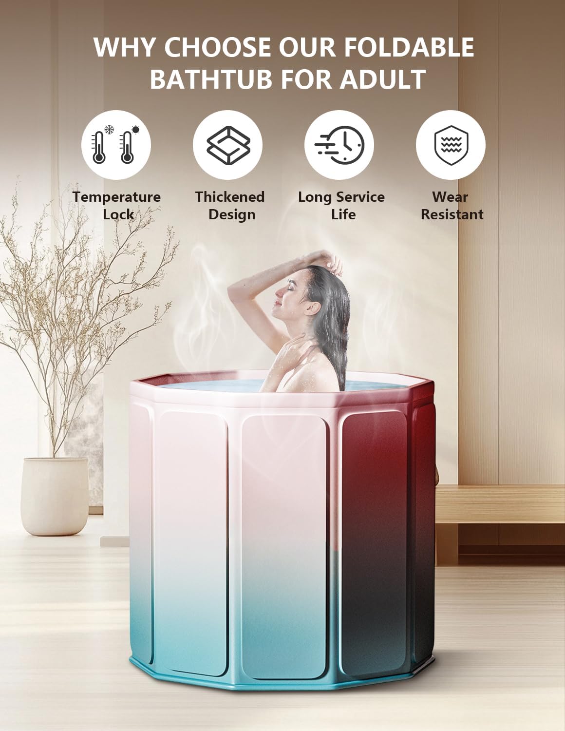 Portable Bathtub for Adults, Collapsible Freestanding Bathtub for Shower, Hot Ice Bath Tubs with Thickened Thermal Foam to Keep Temperature, PVC Outdoor Soaking Tub (Blue-pink Gradient, 80cm)