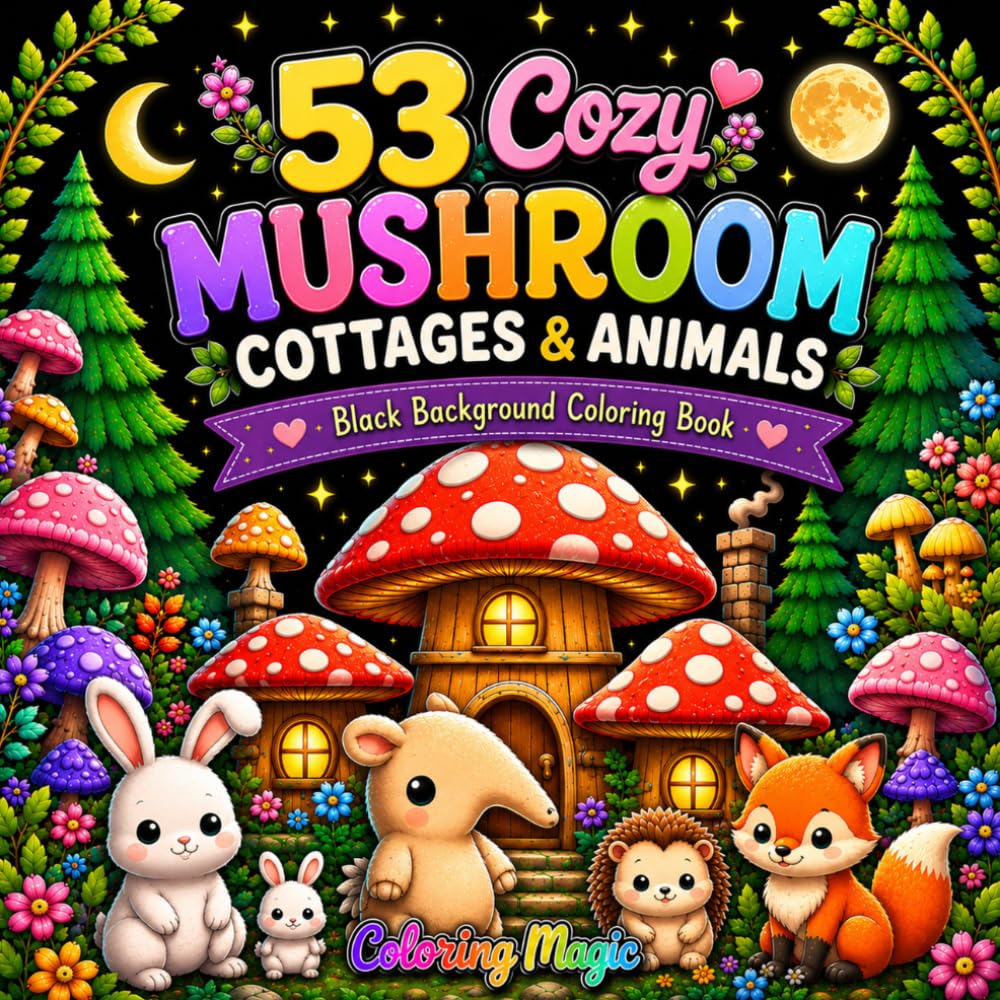 53 Cozy Mushroom Cottages & Animals: Black Background Coloring Book | Magical Forest Homes | Mushroom Cottages | Cute Woodland Animals | Teens & Adults (Midnight Black Background Coloring Series)