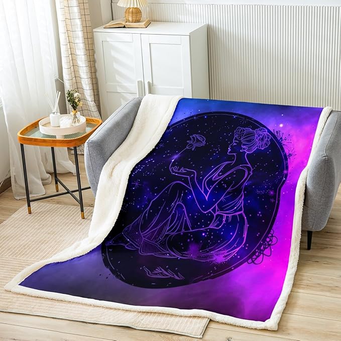 Virgo Flannel Blanket,Glitter Constellations Astrology Zodiac Boho Fleece Blanket for Room Decor,Exotic Flower Neon Blue Purple Starry Throw Blanket for Sofa Couch,Throw 50