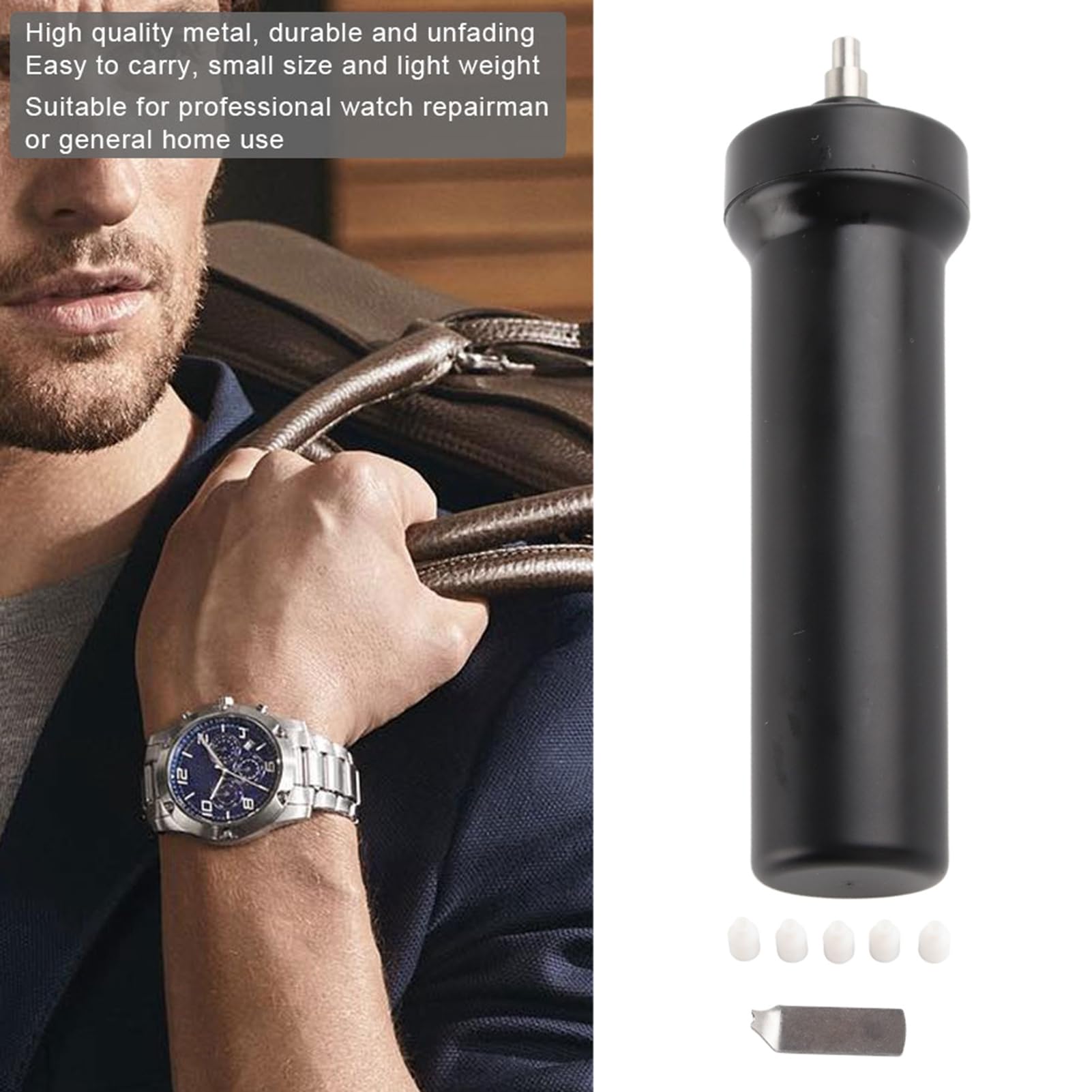 Pompe d’extraction de verre de montre, outil d’ouverture de boîtier de montre, kit professionnel de réparation de montres avec 5 buses et une tête d’outil pour barrettes de