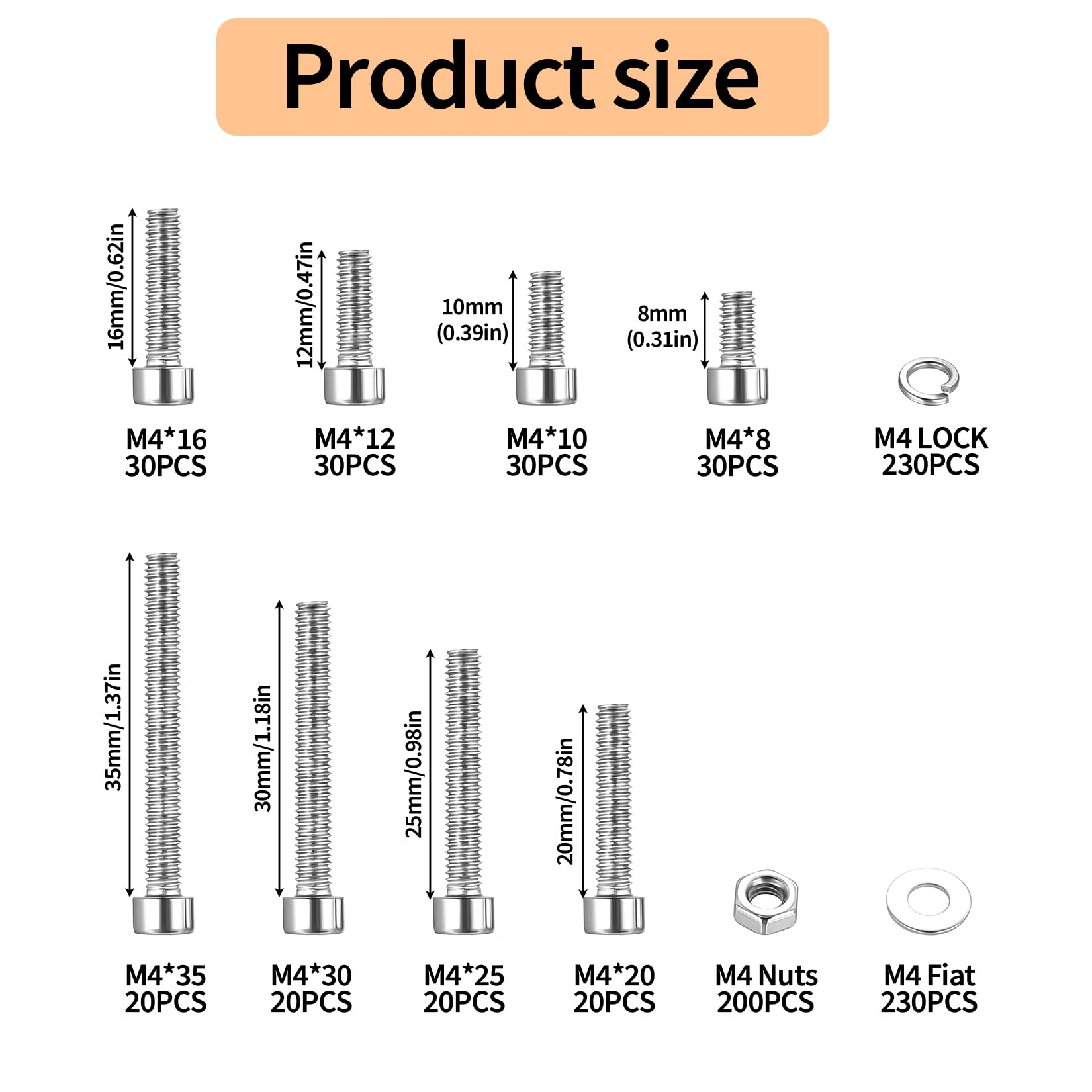 860 Piezas De Tornillos M4 De Acero Inoxidable 304 | Cabeza Hexagonal Y Tuercas Con Arandelas | Para Electrónica Y Muebles