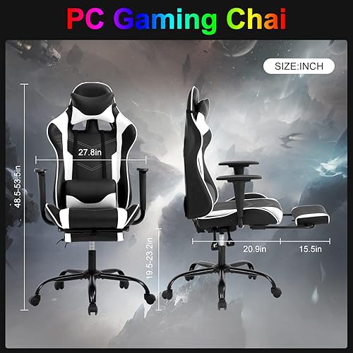 Miniatura 2 de Silla de videojuegos, silla ergonómica para videojuegos, con reposapiés, reclinable, respaldo alto, con soporte lumbar, reposacabezas y apoyabrazos,