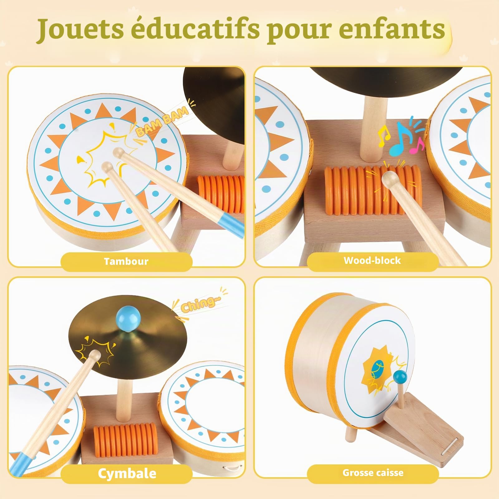 Set de Tambour Montessori en Bois pour bébé 1 an+, Enfants 1-3 Ans | Instrument de musique bébé avec accessoires, sons doux et jeu d’éveil, cadeau 1 an pour anniversaire/Noël fille ou garçon