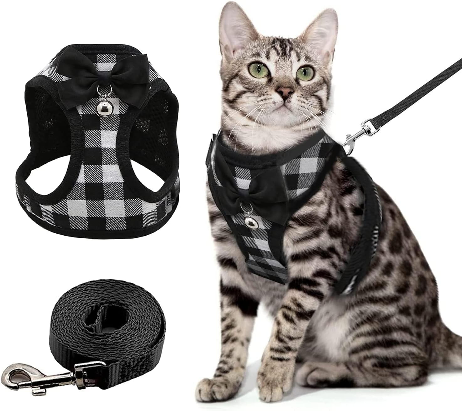 Cat Harness and Leash Escape Proof,Breathable Soft Kittens Vest for Cats Dogs, Escape Proof with Bell and Bow-Knot Decoration Christmas（Black and White，L）