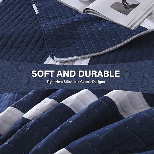 Vista 12 de SahSahCasa Juego de edredón tamaño King, juego de edredón 100% algodón, colcha tamaño King, edredón ligero, reversible, a rayas, para cama King