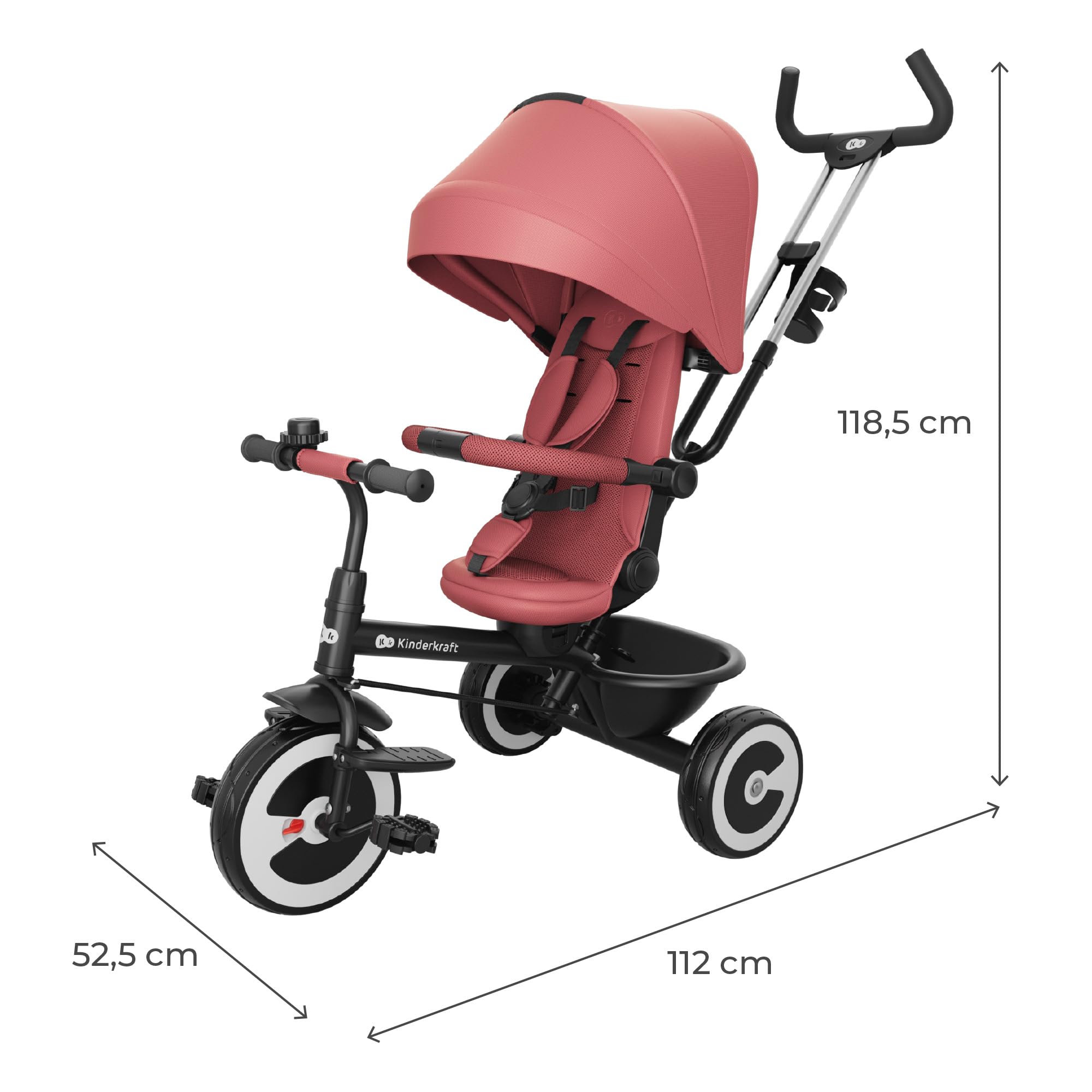 Kinderkraft Aston 2 Pro Triciclo Evolutivo, Bicicleta Sin Pedales, Bicicleta Bebe, para Niños, Cinturón, con Accesorios, Portavasos, Cesta, 9 Meses a 25 kg, Rosa