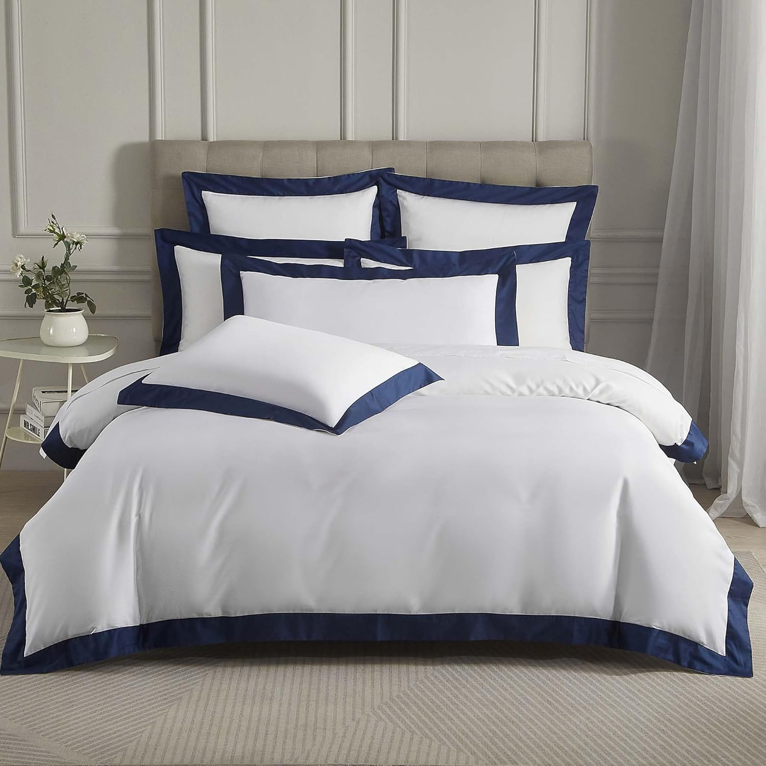 Cotton Duvet Cover King Size Only, 100% Cotton White Duvet Cover with Navy Border, 400TC Sateen Weave Hotel Luxury Soft Smooth Cool Breathable Bedding for All Season, 104x90 Inches