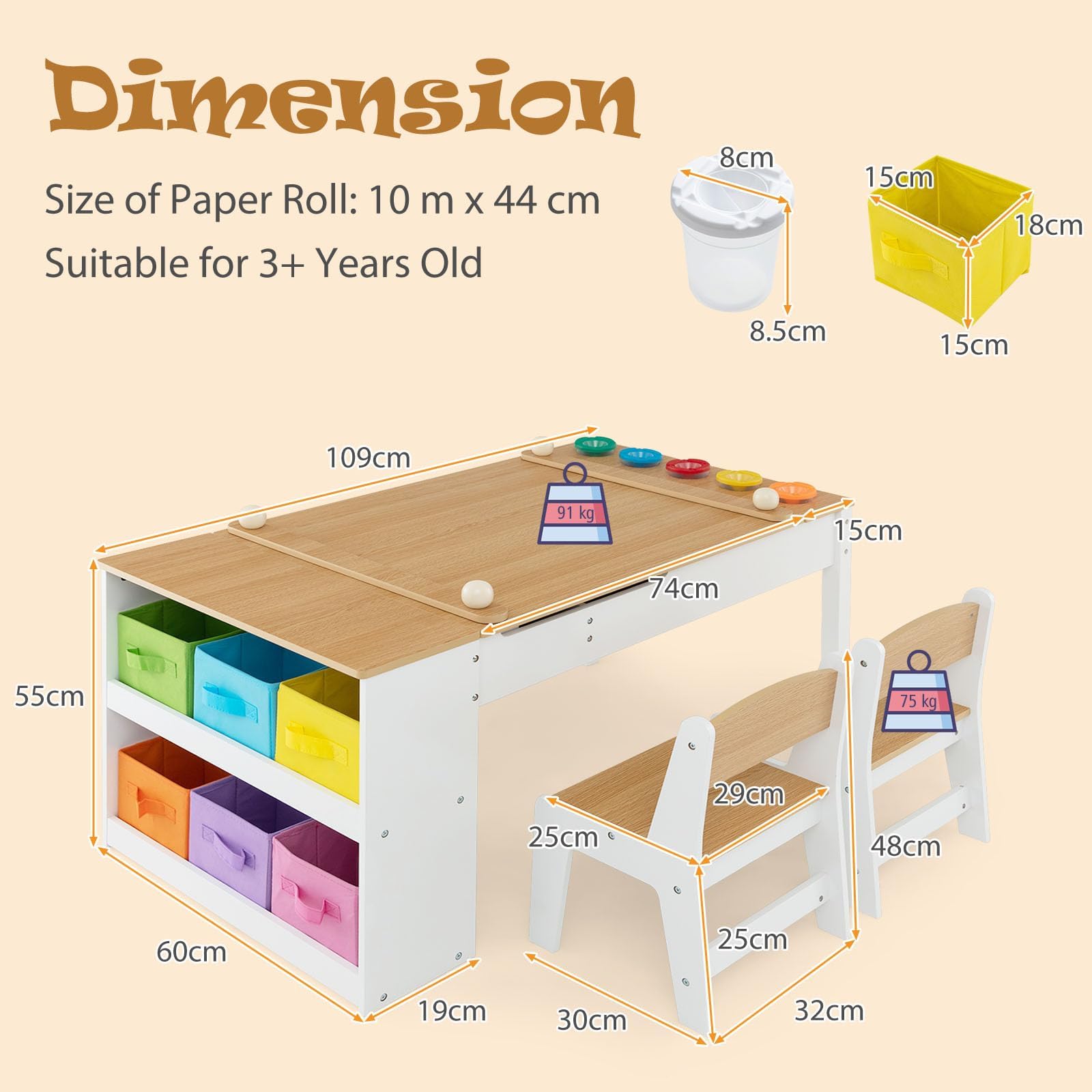 LIFEZEAL Tavolino Bambini, 3 Pezzi in Legno, Tavolo per Bambini con Sedie, Tavolo Artistico, con Piano Sollevabile, Rullo di Carta, Vaschette per Vernici e 6 Contenitori, per Bimbi 3 Anni + (colorate)