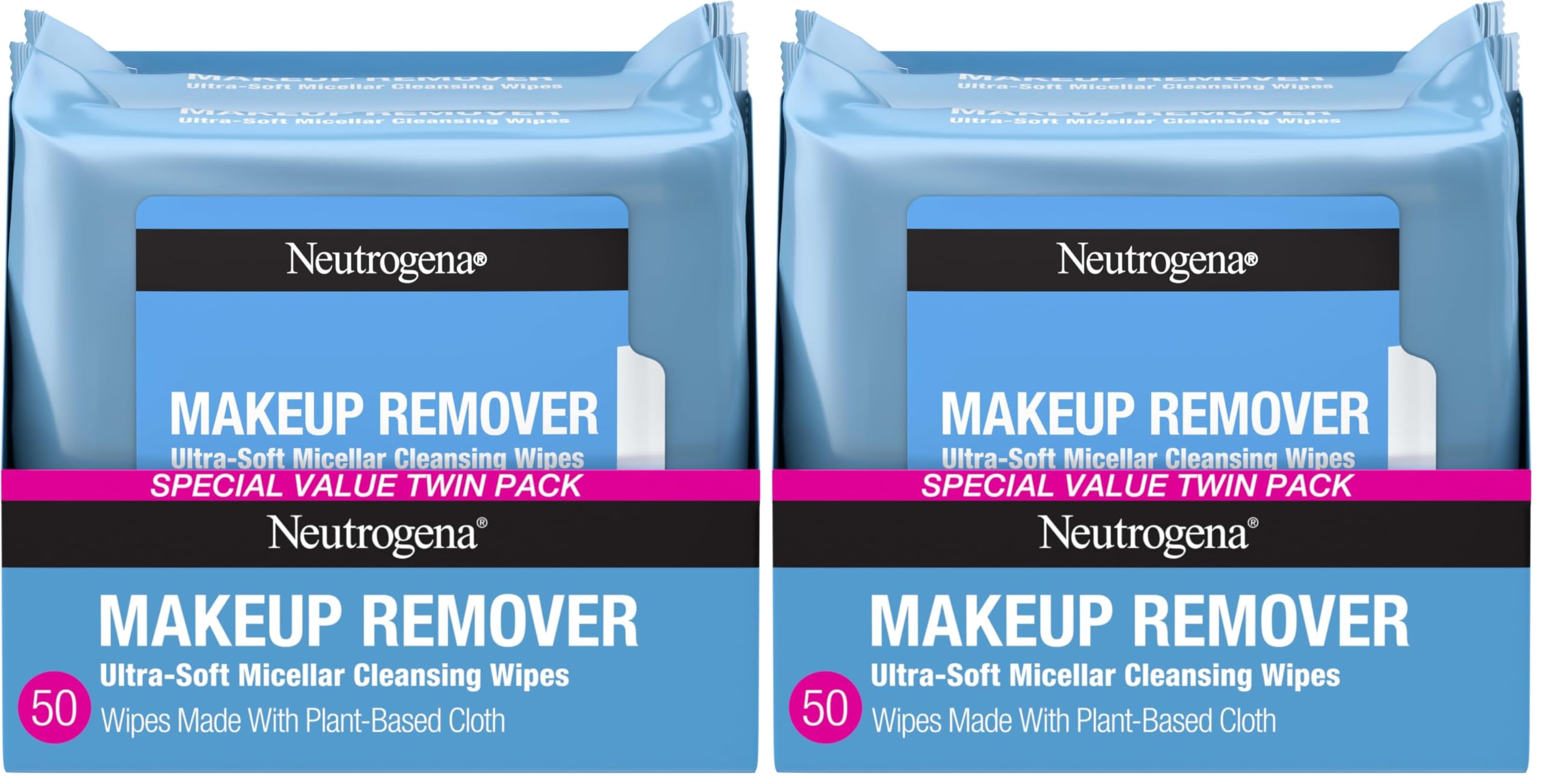 Neutrogena Makeup Remover Wipes Micellar Alcohol-Free Face Towelettes Remove Waterproof Mascara & Oil, Compostable 100% Plant-Based Cloth, Dermatologist & Ophthalmologist Tested, Twin Pack 2 x 25 ct