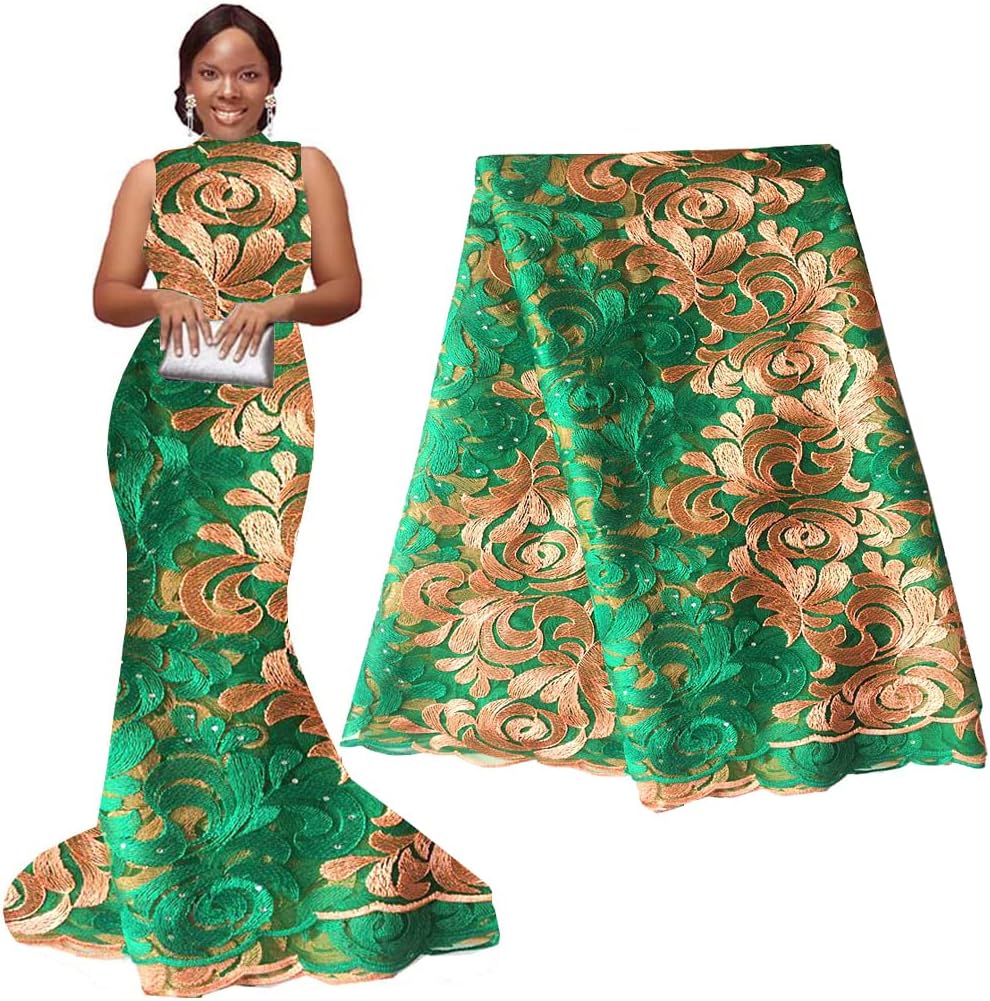 WorthSJLH African Lace Fabric 5 Yards French Lace Fabric for Wedding Dress Beaded Nigerian Cord Net Lace Materials BB204