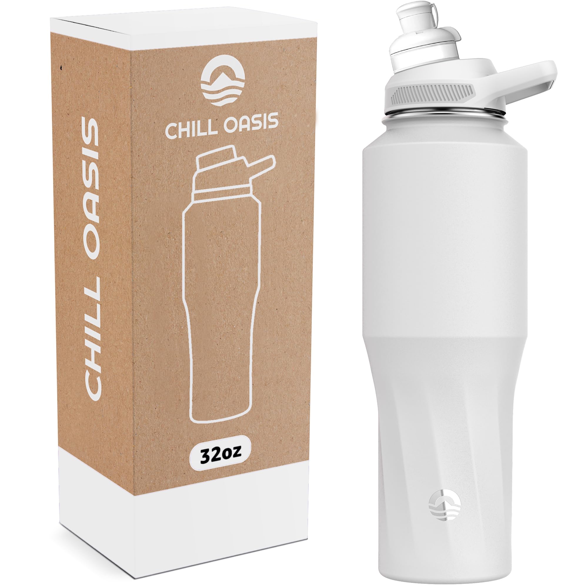 Water Bottle | Compatible With Popular Flavor Cartridges | BPA Free, Leak Proof, Double-Walled Vacuum Insulated Stainless Steel, and Dishwasher Safe | Cold for 24 Hours (White, 32oz)