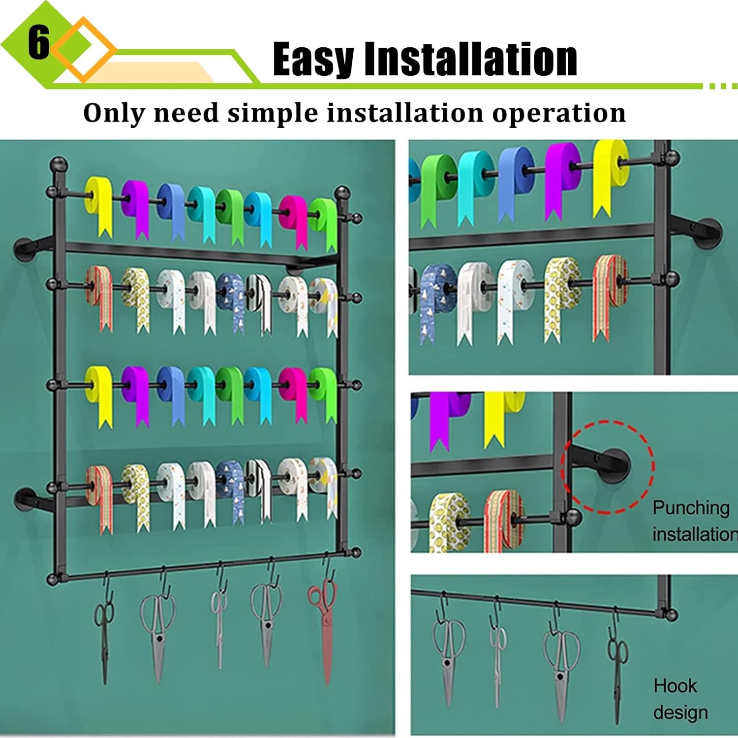 Wall Scarf Hanger Wrapping Paper Storage Holder, 5-Tier Wall Mount Ribbon Organizer for Craft Room, Display Stand Rack with Removable Bar,Black-80x80cm/31.5x31.5in