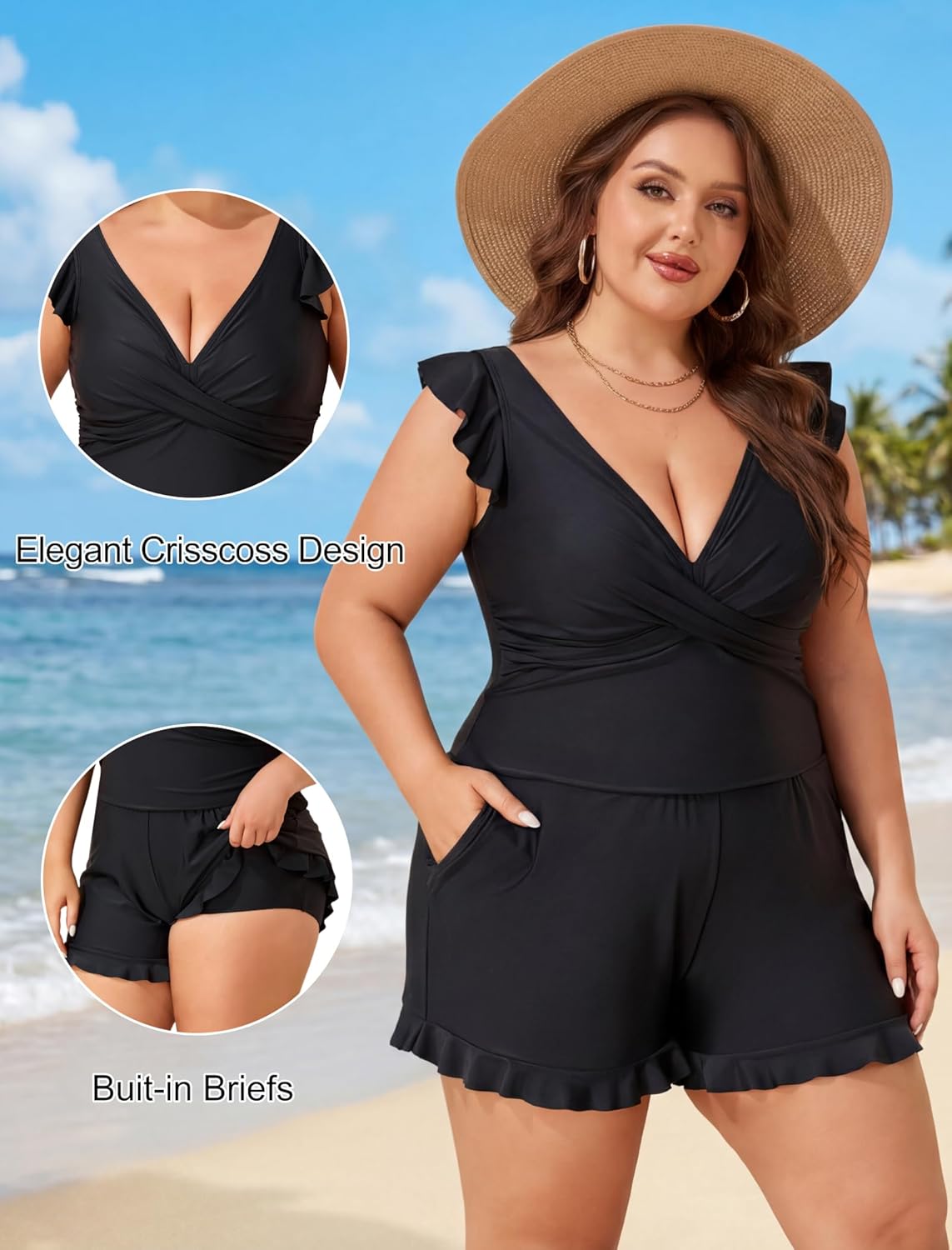 Smismivo Plus Size Swim Romper One Piece Swimsuit Women Full Coverage Bathing Suit with Pockets Modest Swimwear 2026