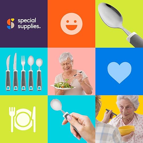 Miniatura 8 de Special Supplies Adaptive Utensils - Juego de 5 piezas sin peso, asas antideslizantes para temblores de manos, artritis, Parkinson o uso anciano,