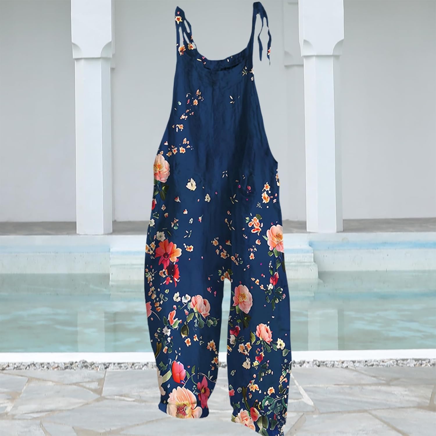 MARSVOVO Boho Bib Overalls for Women Casual Loose Floral Print Wide Leg Jumpsuit Plus Size Elegant Rompers for Women Dressy
