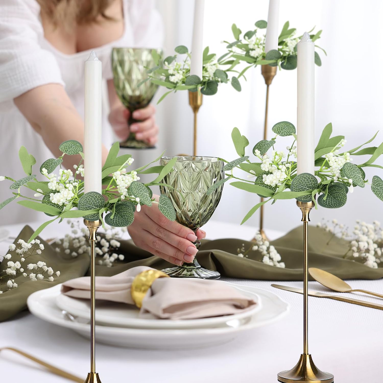 12 PCS Eucalyptus Taper Candle Rings Wreaths 1.38" Mini Spring Summer Floral Taper Candle Holder Wreaths Green Artificial Flower Table Centerpieces Wreath for Church Farmhouse Home Candlesticks Decor