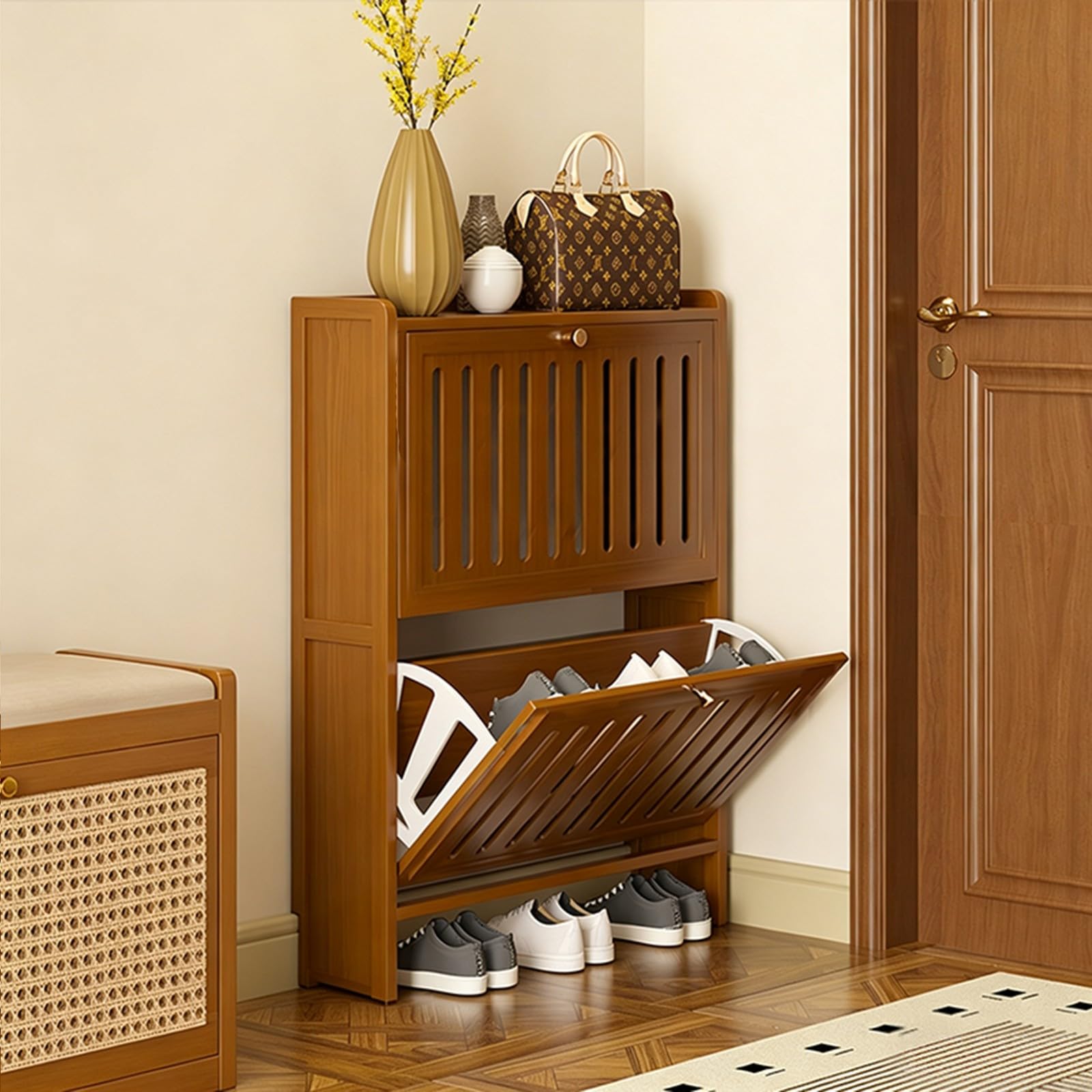 Meuble à Chaussures avec 2/3 Abattants et Étagères Réglables Rangement Chaussure Conseil Nanzhu Étagère de Rangement Respirant Couloir Entrée Peut Contenir 10~20 Paires de Chaussures 2 17cm,C70CM