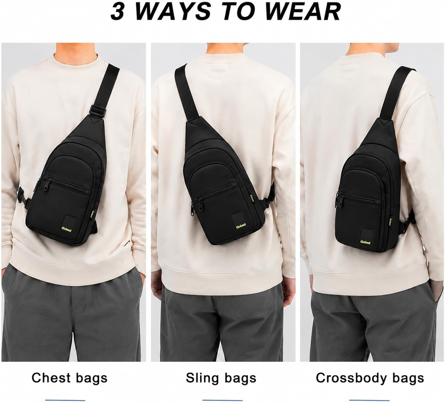 Sling Crossbody Bag for Men Women, Water Resistant Nylon Fanny Pack with Adjustable Strap for Travel Gym Cycling Daily,Black