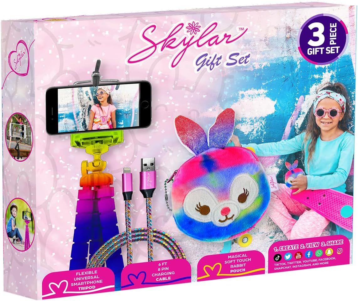 Skylar 3-Piece Smartphone Accessory Kit for Kids – Flexible Tripod, 6ft. Charging Cable, Plush Cat Carrying Case (Rabbit Pouch) – Vlogging, Influencer Kit for Kids