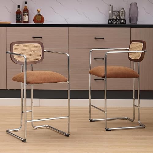 LukeAlon Juego de 2 taburetes de mimbre de piel sintética, tapizados de 25.5 pulgadas de altura de asiento, taburetes de bar bajos con patas de