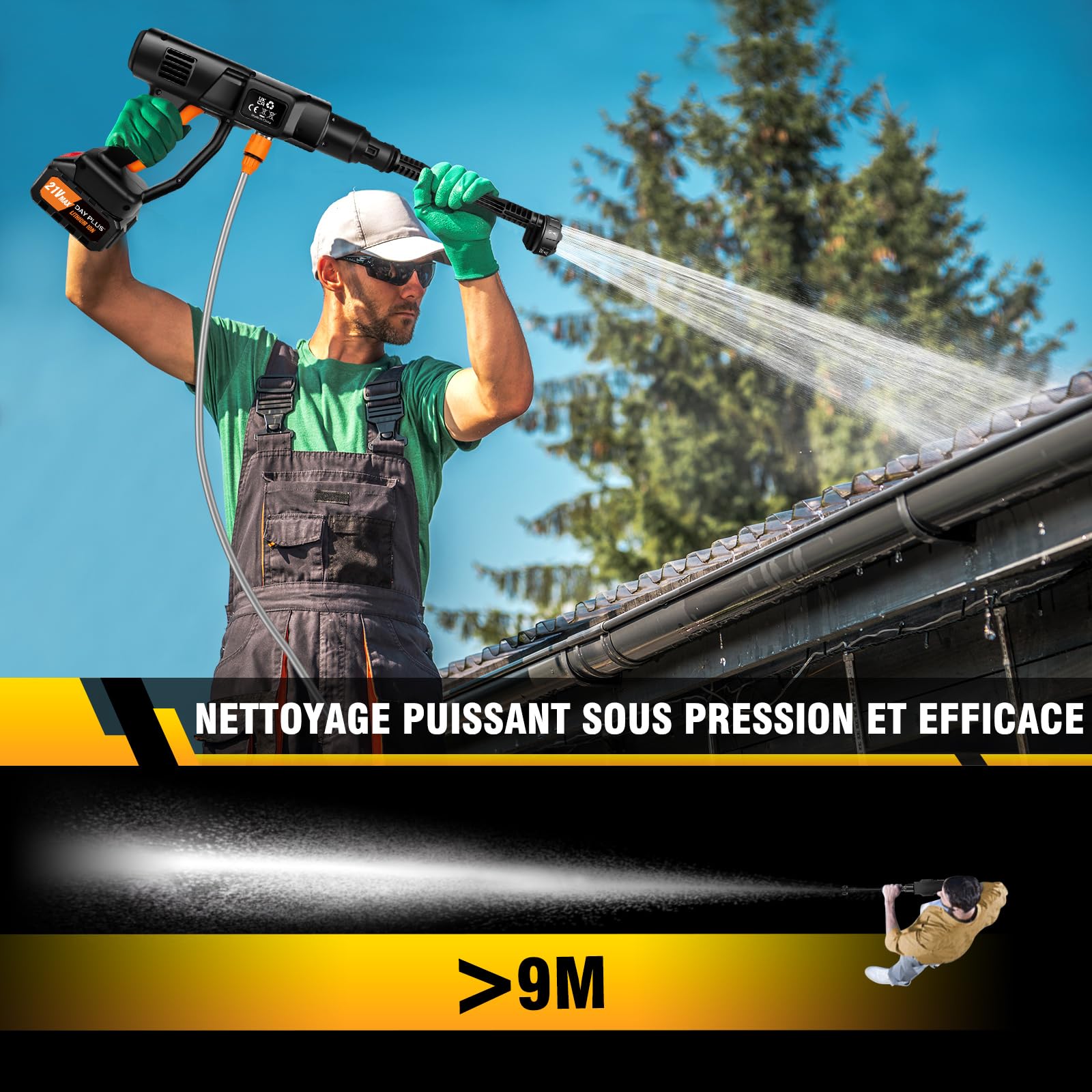Nettoyeur Haute Pression Sans Fil 6000mAh, 21V 45 Bar/652 PSI Pistolet à Eau Haute Pression Portable avec Générateur de Mousse, Buse Multi-pulvérisation 6en1,Outil de Nettoyage de Voiture en Plein Air