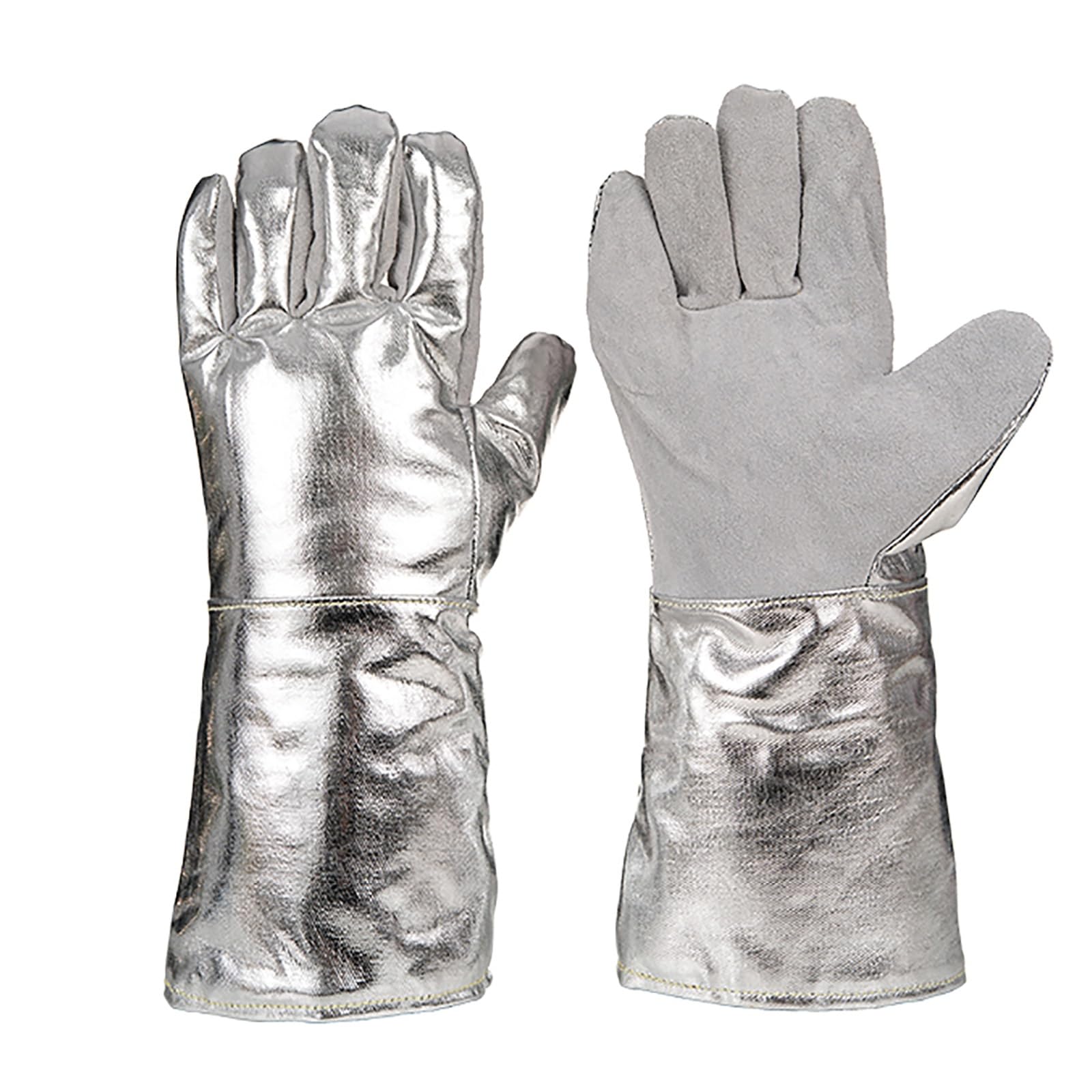 Hitzebeständige Handschuhe, Aluminium-Folien-Schweißhandschuhe mit Zwei Rinderrindenhandflächen, Handschuhe für Grill und Kamin(15in)