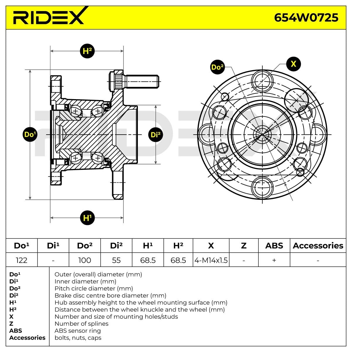 RIDEX 654W0725 Juego de cojinete de rueda Trasero Rodamiento integrado en buje de rueda Compatible con MAZDA 2 Hatchback DE, DH3