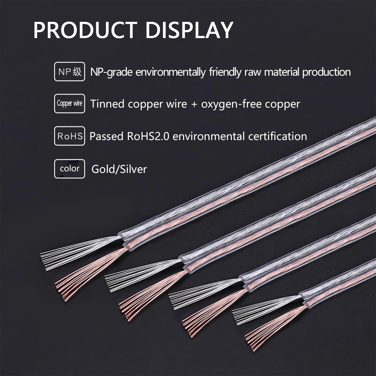 Cable eléctrico, cable transparente de 2 núcleos de 16 AWG a 30 AWG, 300 V, con revestimiento paralelo de cobre puro y cobre estañado, for equipos eléctricos, luces LED de exterior y equipos de ilumin