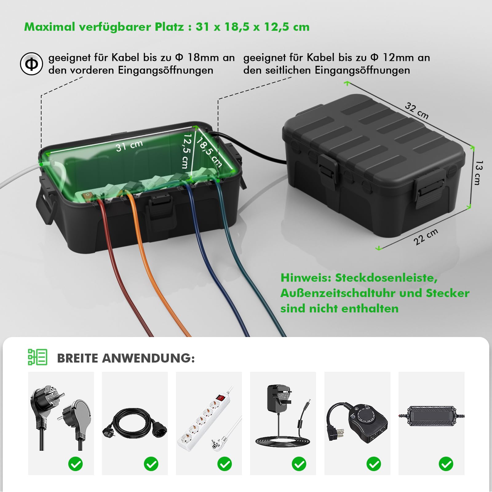 RESTMO große wasserdichte Kabelbox für den Außenbereich (Outdoor), IP54 wasserdicht, wetterfester Elektrokasten zum Schutz von Verlängerungskabel, Steckdosenleisten, Außensteckern (32x22x13cm)-Schwarz