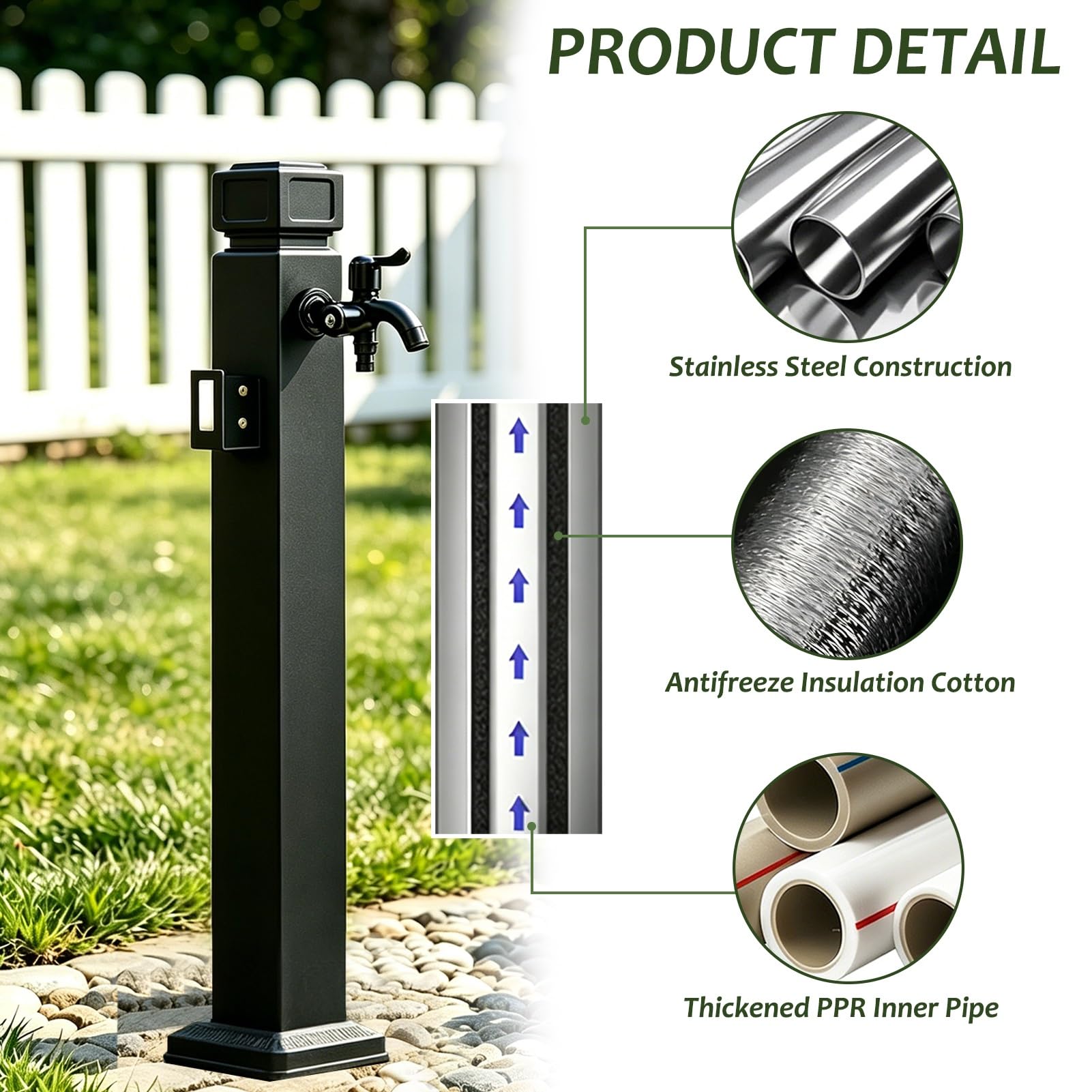 Poste de grifo exterior independiente moderno, columna de agua de jardín de acero inoxidable negro, grifo exterior a prueba de congelación para patio, trasero y césped(B,Height: 60cm/23.6in)