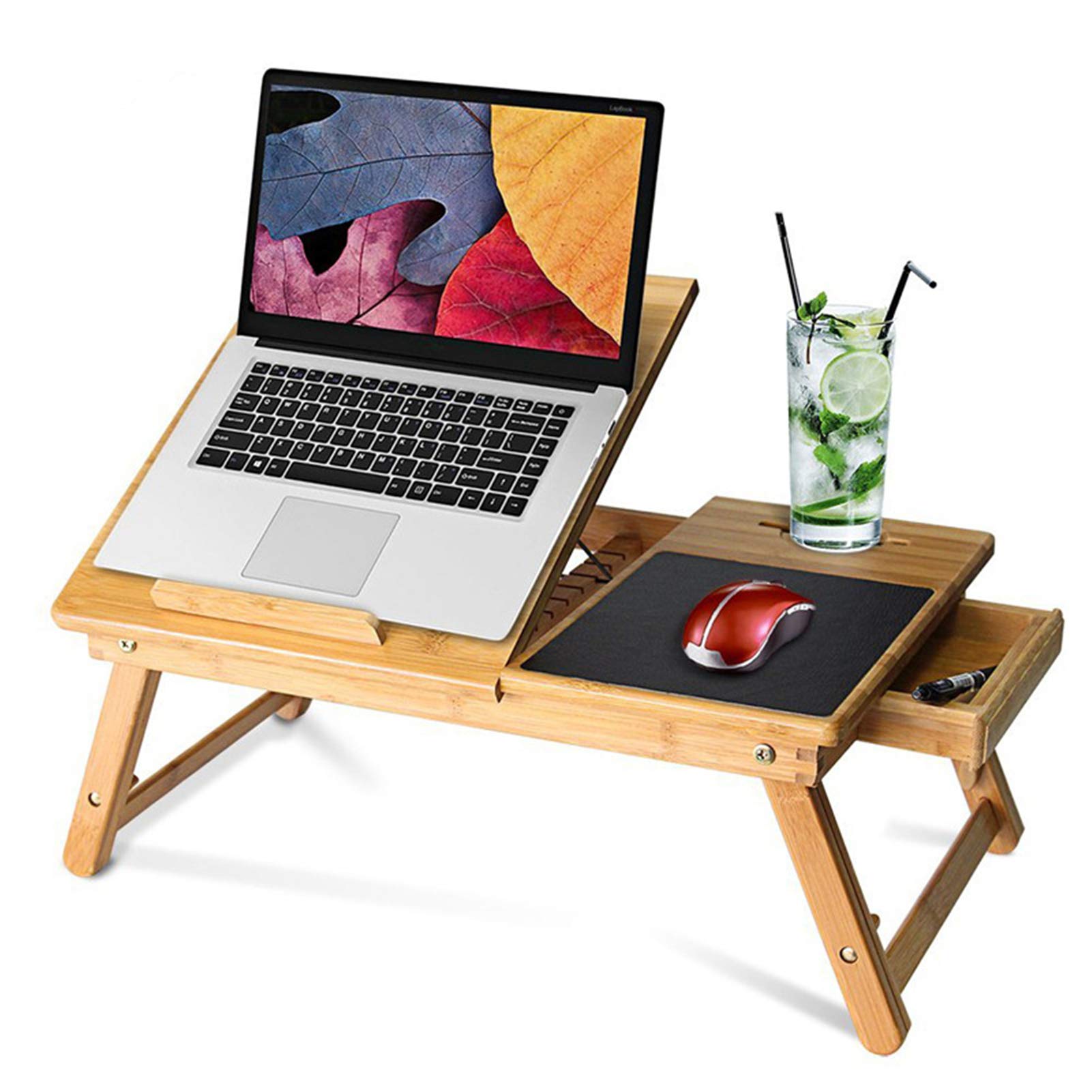 – Lap Desk, Foldable Bed Tray Breakfast Table, Adjustable Computer Desk for Writing Reading Eating, with Tilting Top Drawer