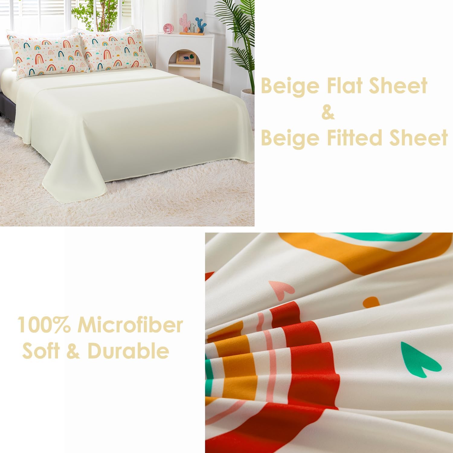 Rainbow Girls Bedding Comforter Set Full Size 6 Pieces Beige Bed in A Bag with Sheets Clouds and Flowers Printed Kids Bed Comforter Set (Beige Rainbow, Full) - Image 8