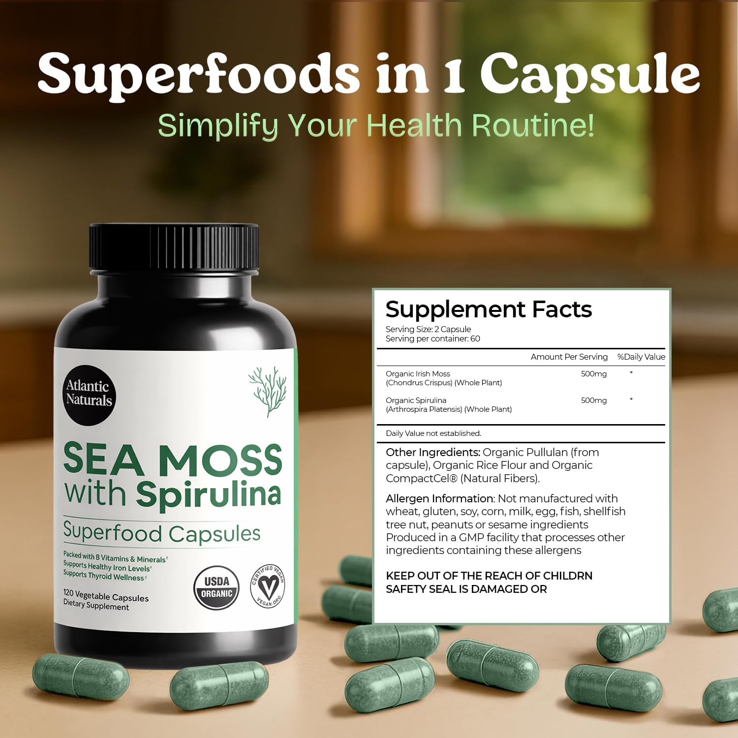 Atlantic Naturals Sea Moss with Spirulina Superfood Capsules - Multivitamin Supplement Supports Healthy Iron and Immune Health, Alternative to Seamoss Gel and Powder - Irish Sea Moss Capsules (120 ct)