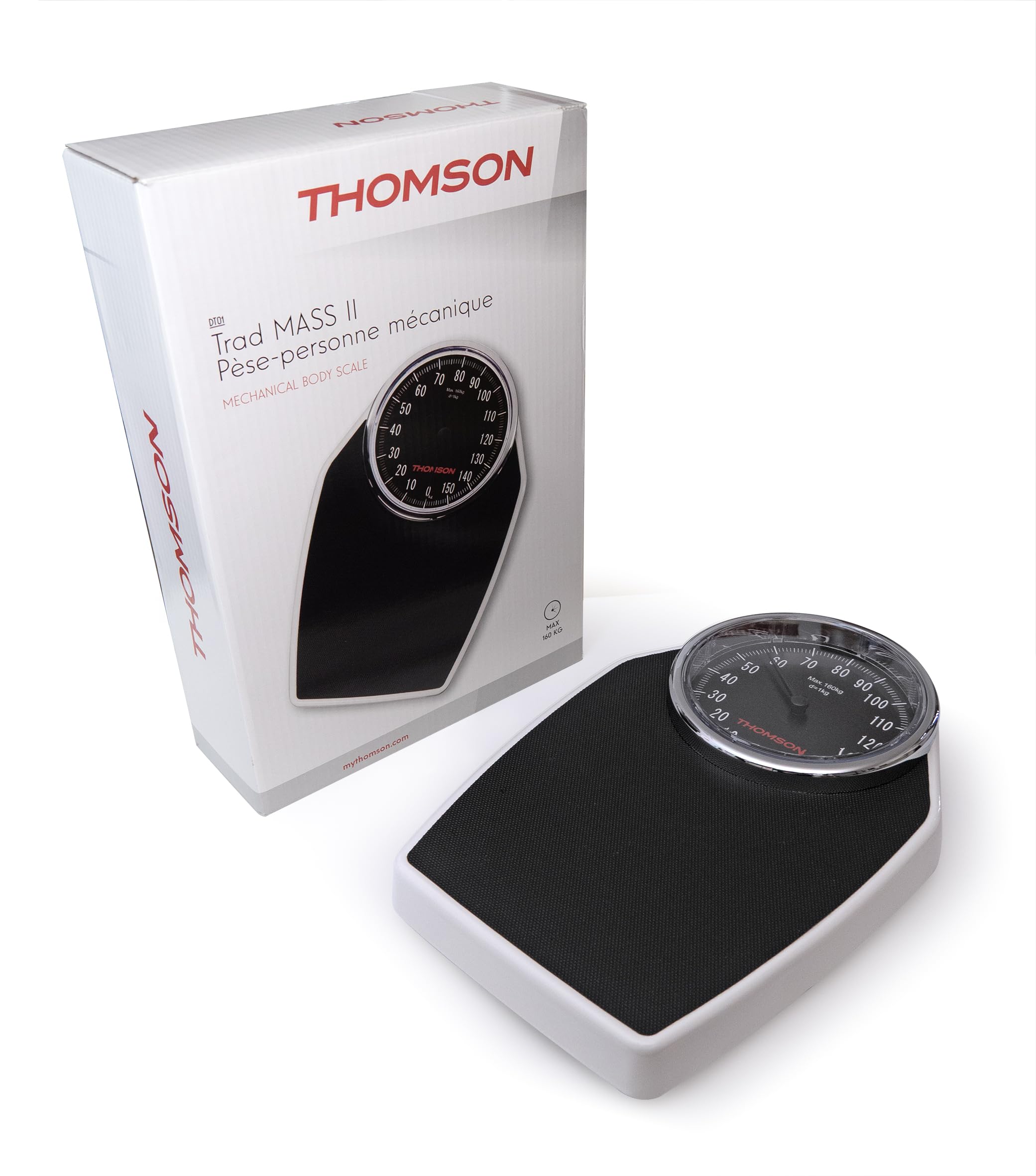 THOMSON Trad Mass 2 – Pèse-Personne Mécanique sans Pile - Grand Cadran Lisible 17cm - Plateau Antidérapant - Portée jusqu'à 160 kg – Noir