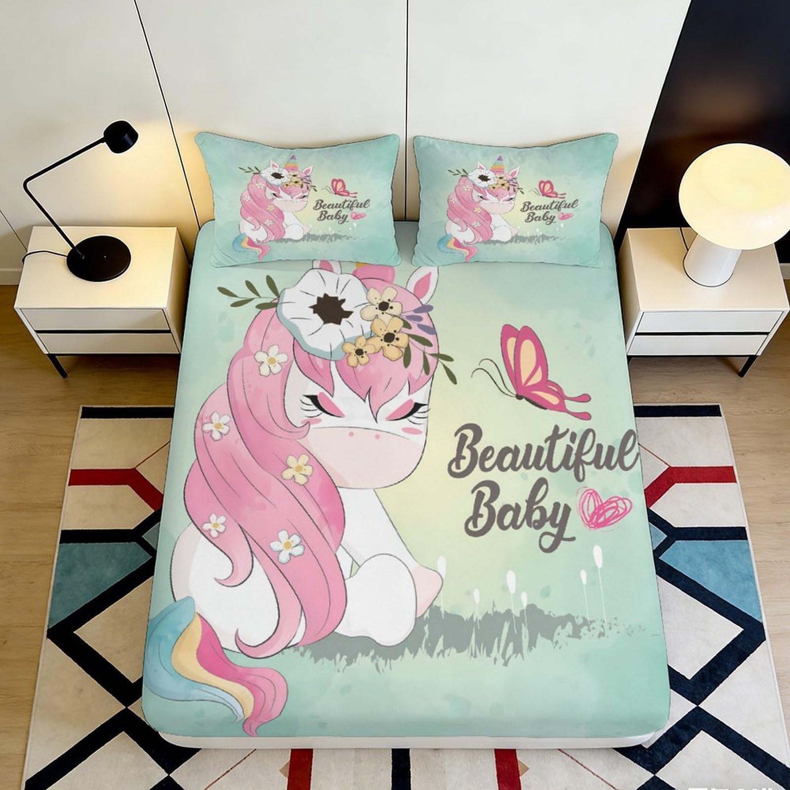 Pnayamiorkfel Style-5 3D Printed Pink Unicorn Fitted Sheet Microfiber Soft Decorative Butterfly Bed Cover For Bedroom Guest Room Dorm 90X200x25cm