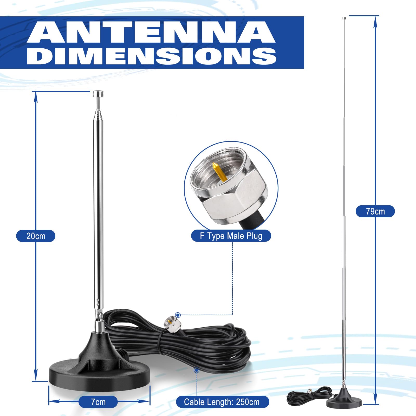 Eightwood Antenna Radio FM DAB Telescopic Digitale 75 Ohm con Base Magnetica Extension 2.5M Cable