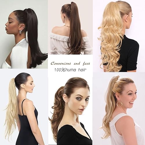 Miniatura 7 de Extensión de cola de caballo marrón oscuro, extensiones de cabello lacio con cordón para mujer, largas y rizadas sintéticas, colas de caballo