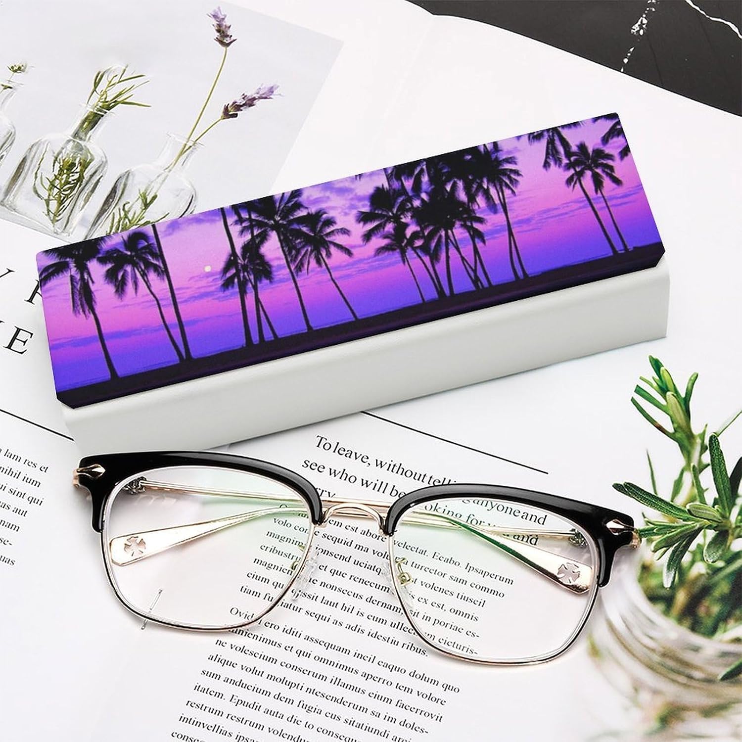 Palm Tree Purple Sunset Eyeglass Case, Durable Convenient Spectacle Cases with Cleaning Cloth Leather Eyeglasses Storage Box for Sunglasses Man Women
