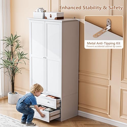 Miniatura 6 de VINGLI Armario Armario con puertas y cajones, Armario para armarios de dormitorio, Armario blanco con cajones, 33.8 pulgadas de ancho x 19.6