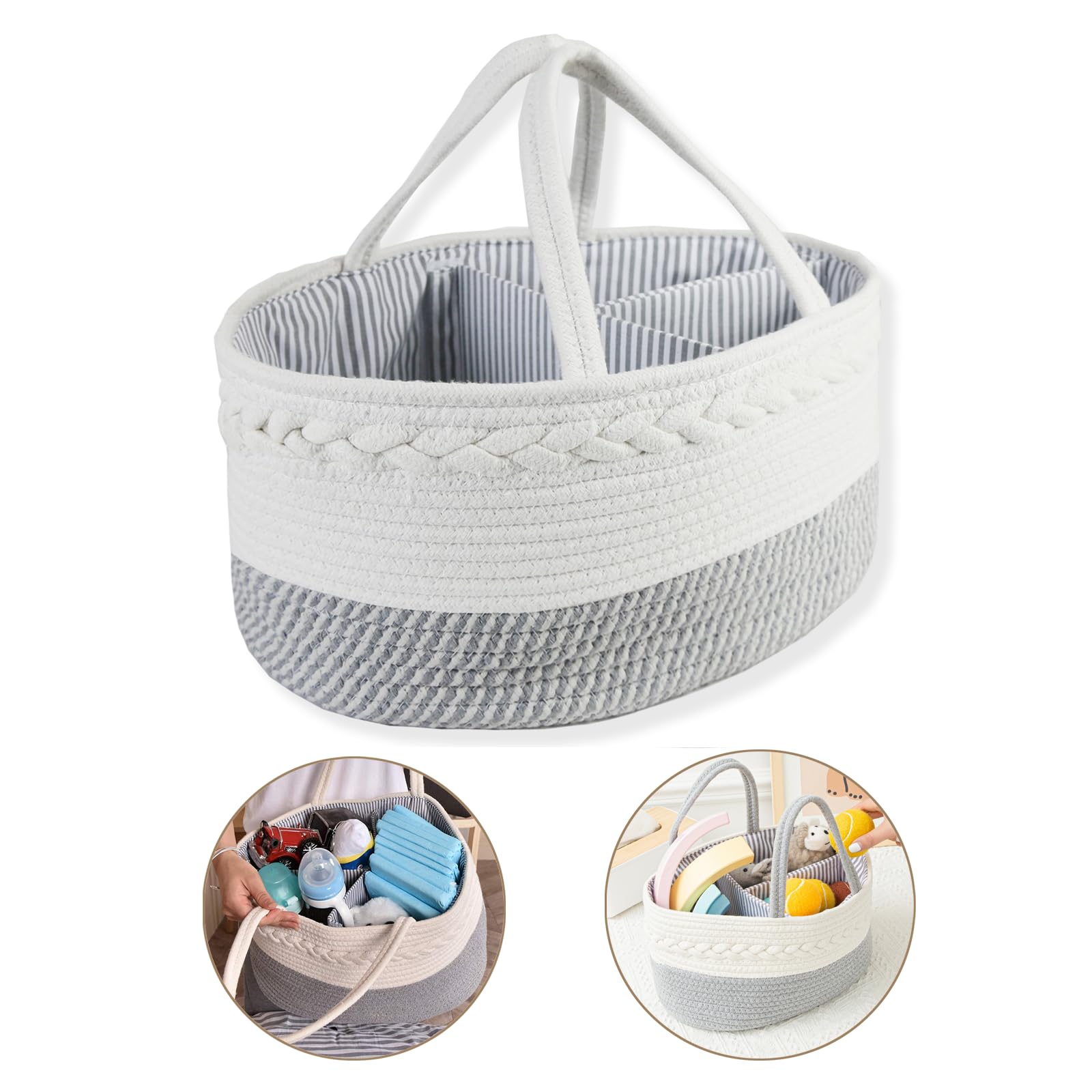 Ausmenl Baby Diaper Caddy,Nappy Organiser,38 x25 x18 CM,Stylish Rope Nursery Storage Bin,Portable Car Organizer with Removable Inserts منظم حفاضات من الحبال القطنية، سلة تخزين