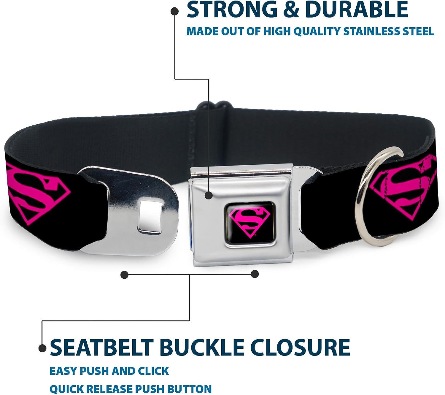 Dog Collar Seatbelt Buckle Superman Shield Black Hot Pink 15 to 26 Inches 1.0 Inch Wide