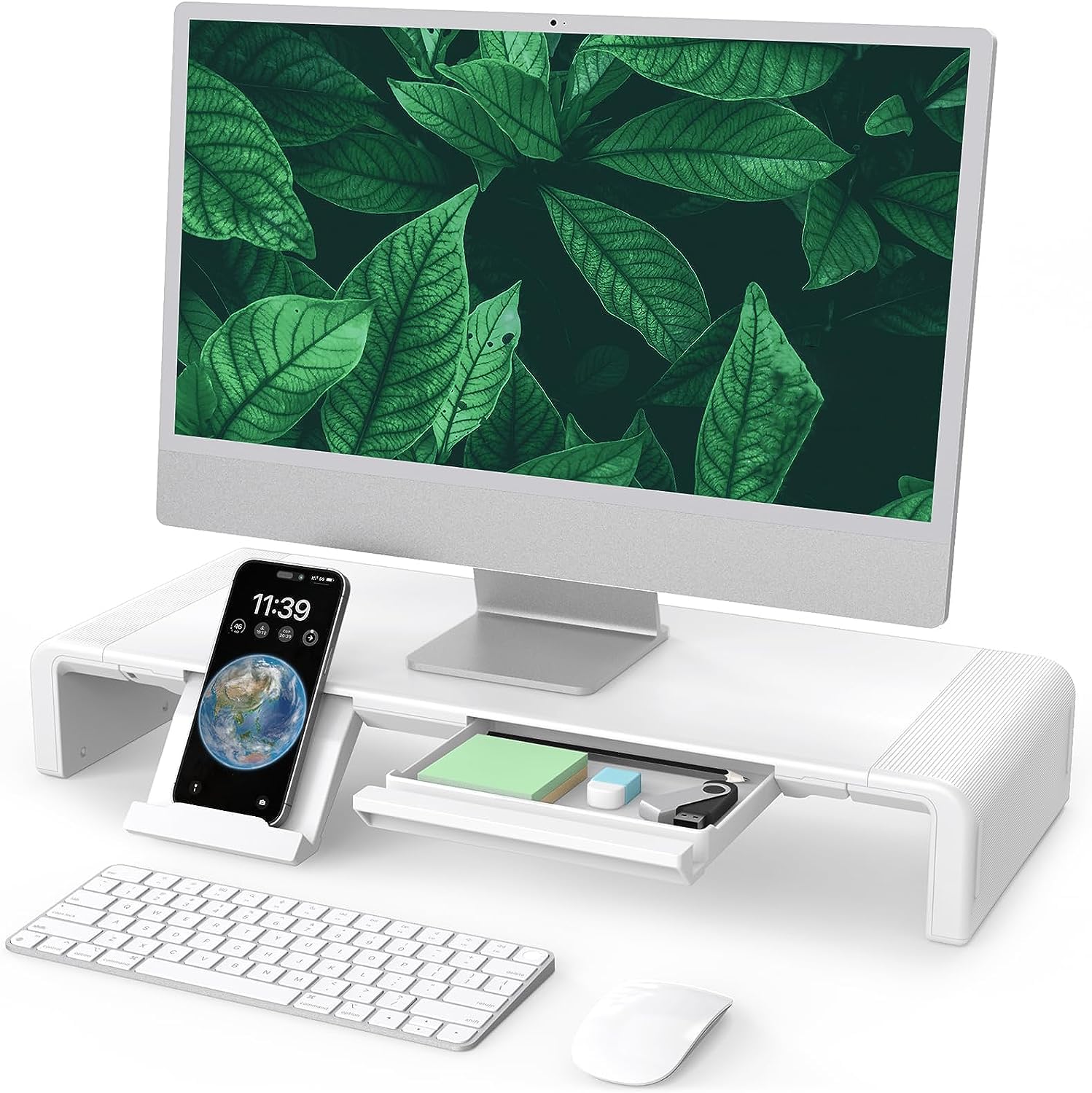 PIKFOS Folding Monitor Stand Riser, Computer Monitor Stand with Adjustable Width, Compatible with iMac, Printer, Laptop with Storage Drawer, Tablet & Mobile Phone Stand Holder, White