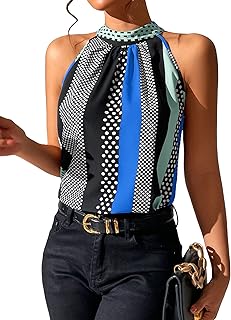 Women's Summer Halter Tops Keyhole Polka Dots Blouses Striped Tank Top Casual Sleeveless Shirts - Buy now