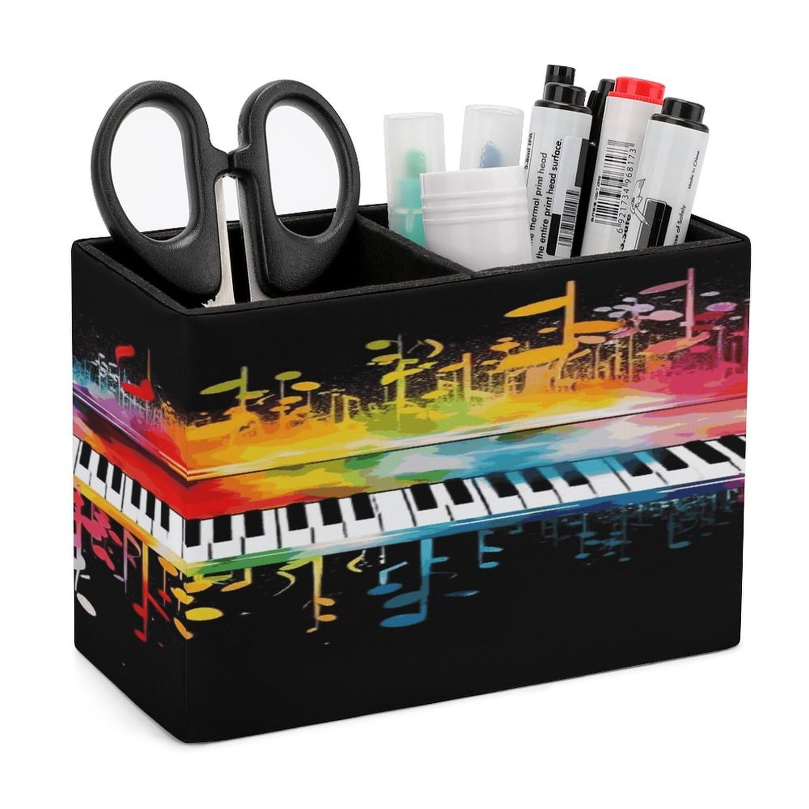 VstaDank Colorful Piano Keyboard Music Note Pen Holder Double Compartments Pen Cup Fashion Makeup Brush Holders Leather Pencil Holder for Work Locker Accessories Modern Pencil Cup for Desk Organizer