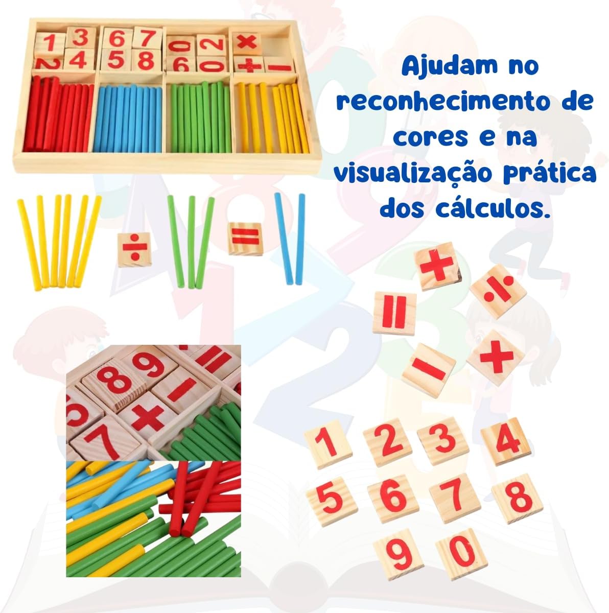 Jogo Educativo de Matematica para crianças,Didatico com Numeros Símbolos e Palitos Coloridos Aprenda a Contar e Fazer Calculos Desenvolve Coordenação Motora e Raciocinio Logico Montessori Matematica.