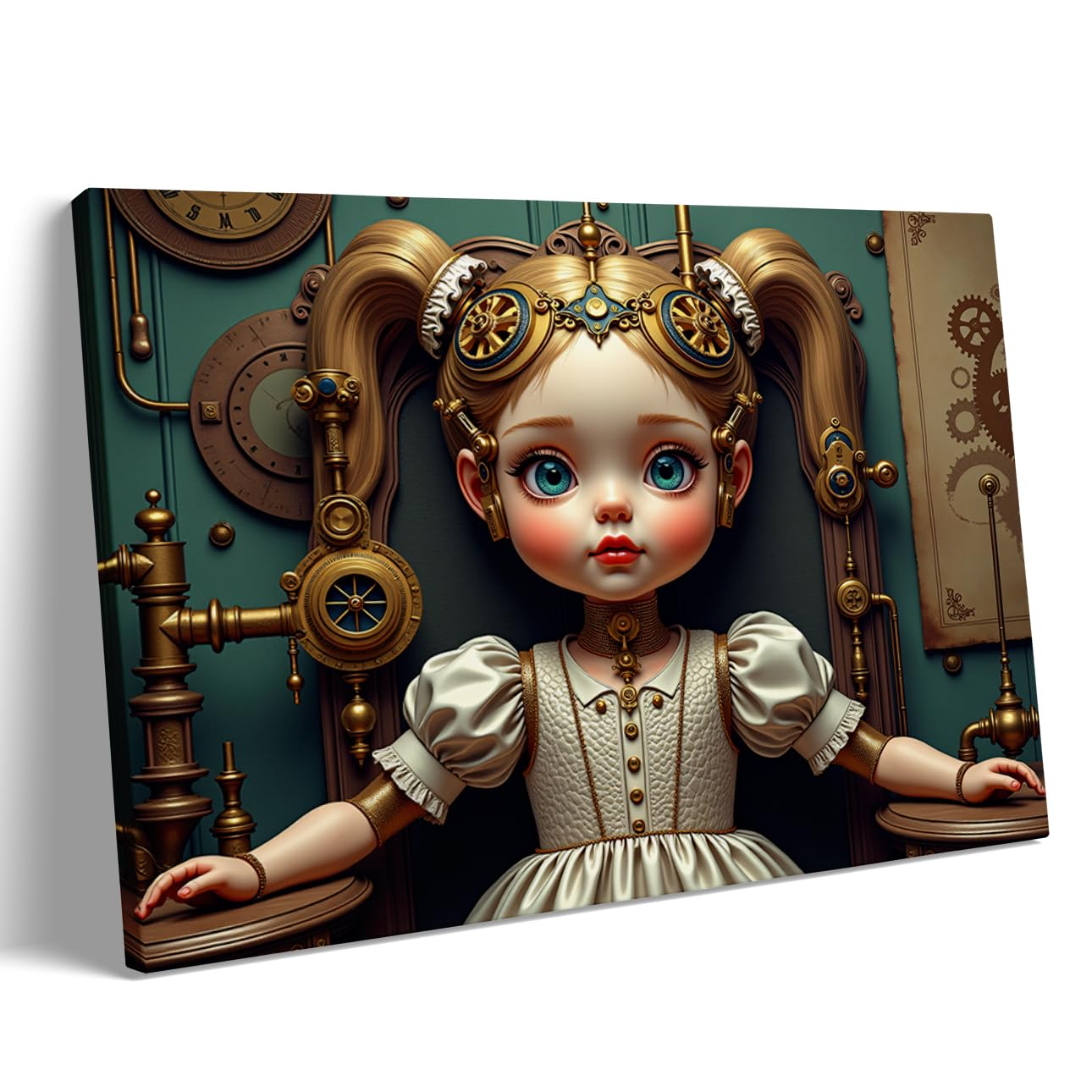 Steampunk Doll Wall Art – Retro Mechanical Girl Canvas Print, Vintage Fantasy Robot Poster for Bedroom or Living Room Industrial Decor 60x90cm Frame