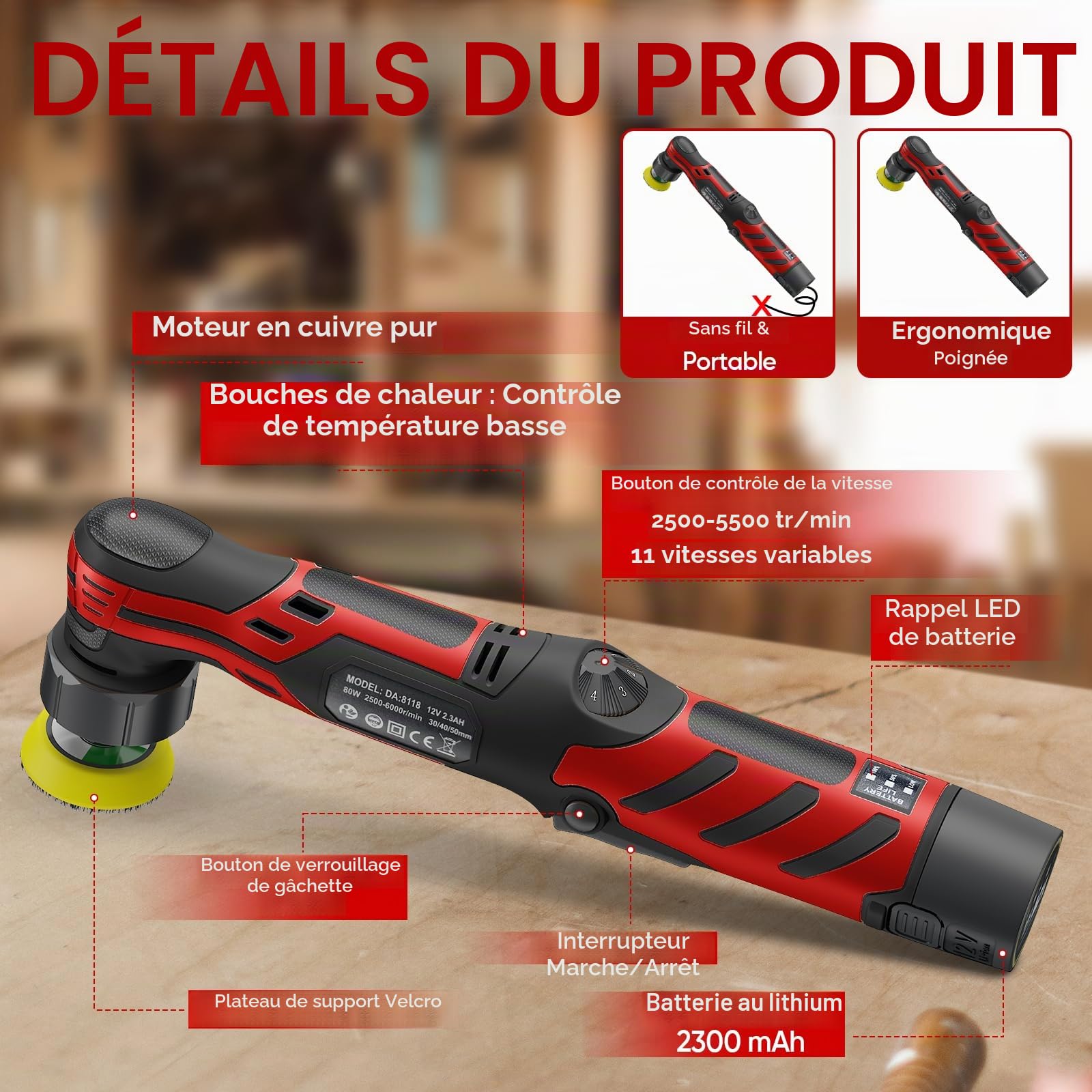 Mini polisseuse sans fil, 1/1,5/2" avec 11 vitesses, 2 batteries de 2,3 Ah et chargeur, pour polissage de détail de voiture, traitement de peinture et jantes – 2500-6000 tr/min, légère et polyvalente